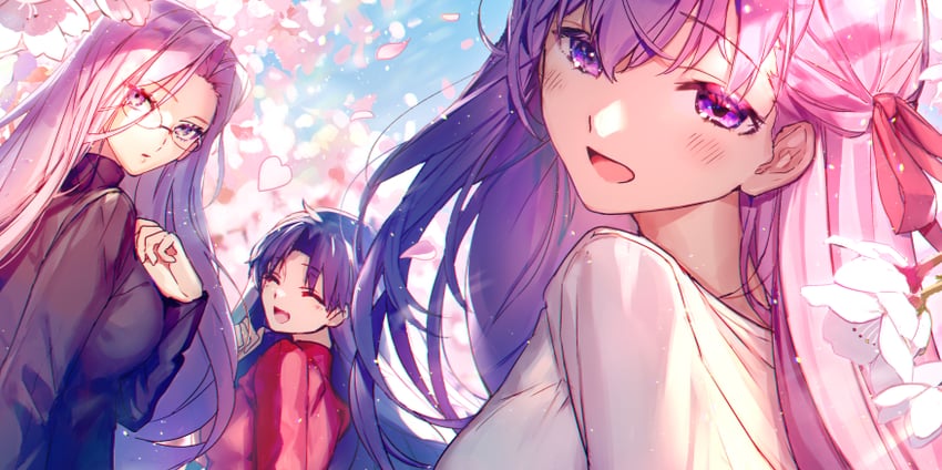 tohsaka rin, matou sakura, and medusa (fate and 2 more) drawn by mebaru