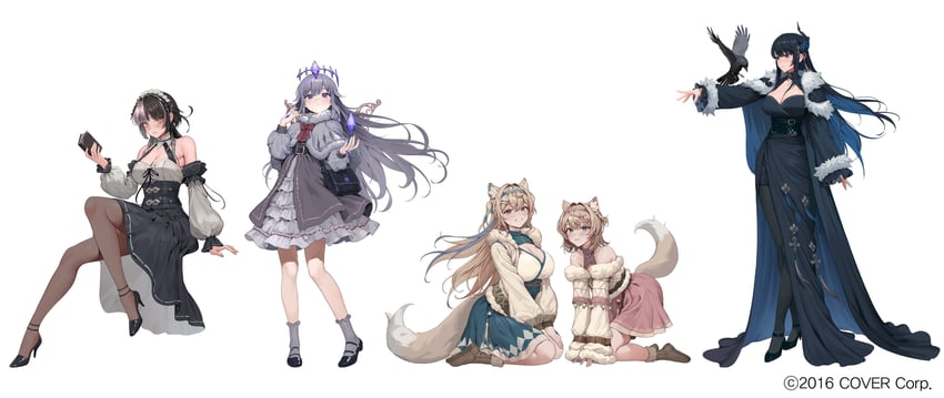 shiori novella, nerissa ravencroft, fuwawa abyssgard, mococo abyssgard, koseki bijou, and 1 more (hololive and 2 more) drawn by gum_shrew
