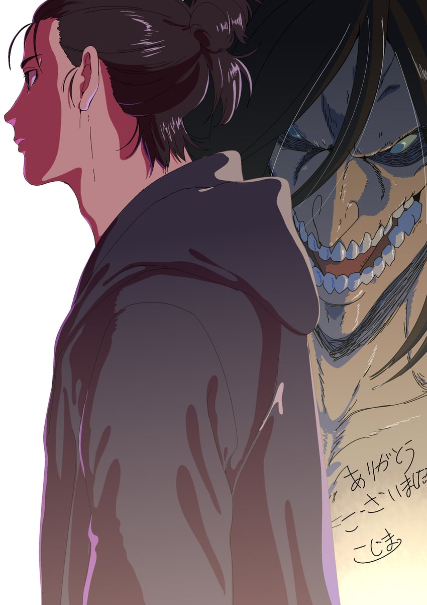 eren yeager, titan, and rogue titan (shingeki no kyojin) drawn by kojima_takashi