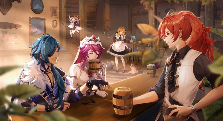 lumine, paimon, eula, diluc, kaeya, and 1 more (genshin impact) drawn by changerduo