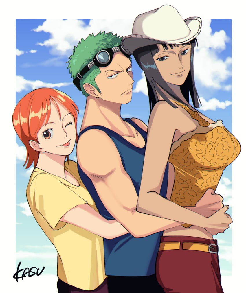 nami, nico robin, and roronoa zoro (one piece) drawn by kasuga_akira