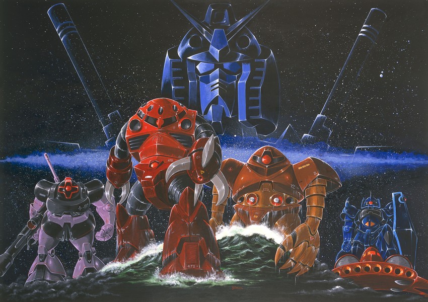 rx-78-2 gundam, dom, gouf, z'gok, gogg, and 1 more (gundam and 1 more) drawn by ookawara_kunio