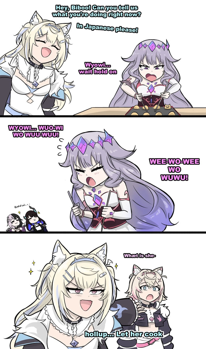 shiori novella, nerissa ravencroft, fuwawa abyssgard, mococo abyssgard, takodachi, and 1 more (hololive and 1 more) drawn by dunkemz