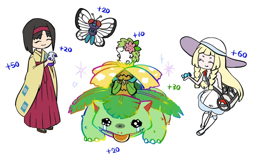 lillie, erika, venusaur, shaymin, and butterfree (pokemon and 4 more) drawn by meruru_gu