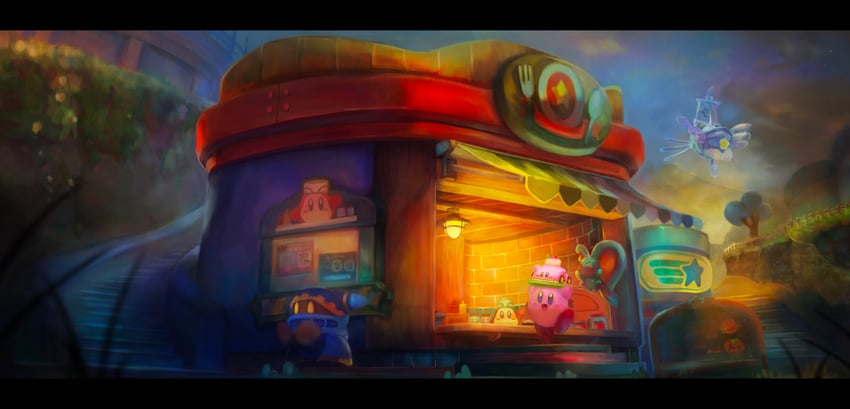 kirby, waddle dee, magolor, elfilin, and cafe-staff waddle dee (kirby and 1 more) drawn by ikasama_egg