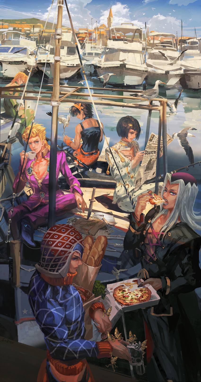 giorno giovanna, bruno bucciarati, guido mista, narancia ghirga, pannacotta fugo, and 2 more (jojo no kimyou na bouken and 1 more) drawn by stu_dts