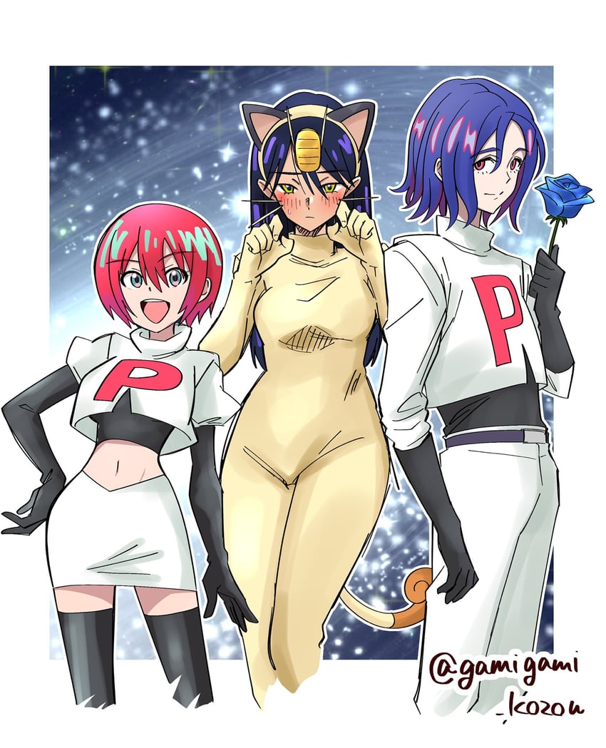 amate yuzuriha, jessie, james, meowth, shuji ito, and 1 more (pokemon and 2 more) drawn by gamigami_maou_(artist)