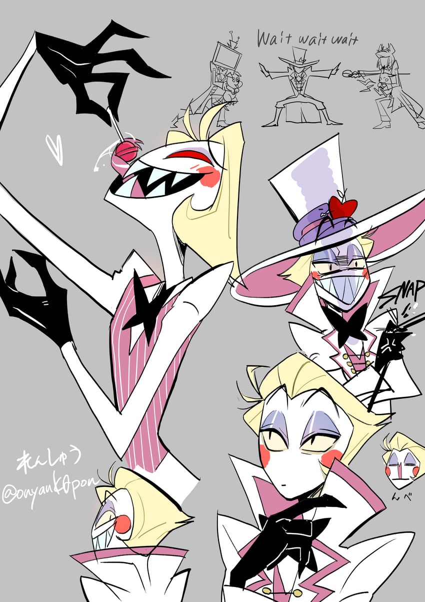 lucifer morningstar, alastor, and vox (hazbin hotel) drawn by kin_(58n58n58n)