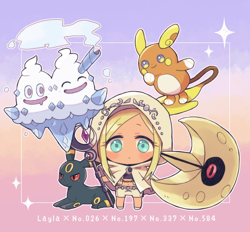 umbreon, layla, alolan raichu, lunatone, and vanilluxe (pokemon and 3 more) drawn by akr_mas
