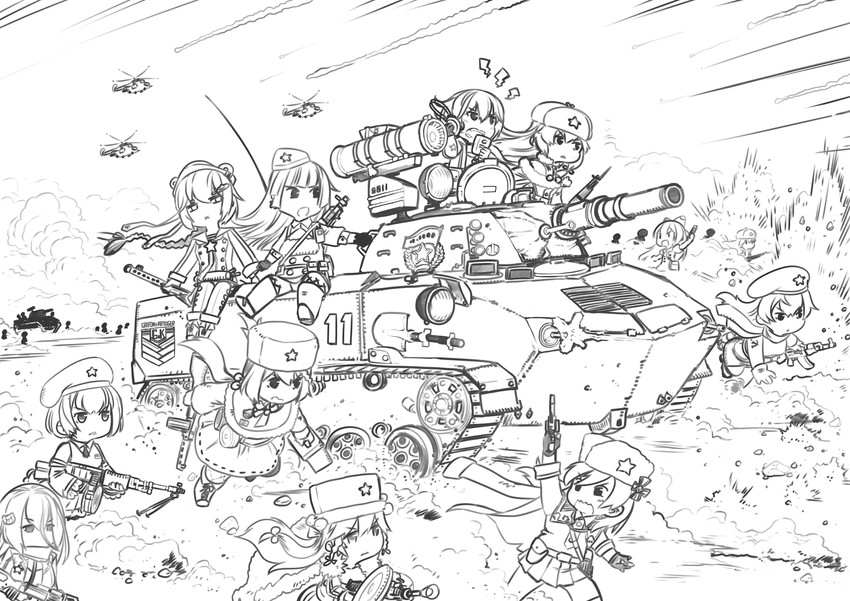 nagant revolver, tokarev, mosin-nagant, ppsh-41, pk, and 6 more (girls' frontline) drawn by z.s.w.