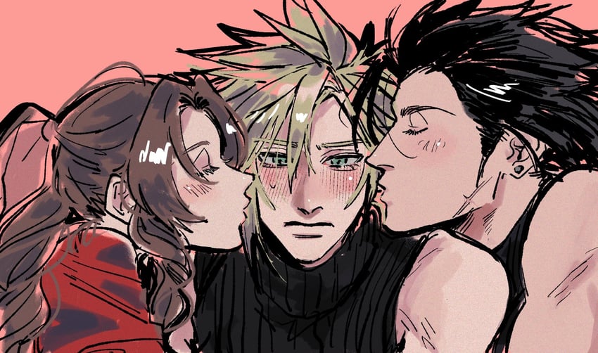 cloud strife, aerith gainsborough, and zack fair (final fantasy and 1 more) drawn by ht8207
