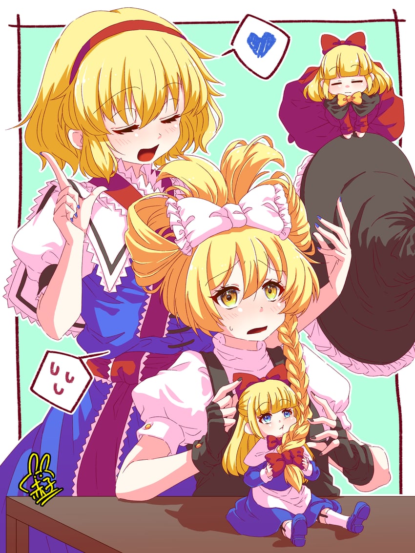kirisame marisa, alice margatroid, shanghai doll, and hourai doll (touhou and 2 more) drawn by utyouten_akako