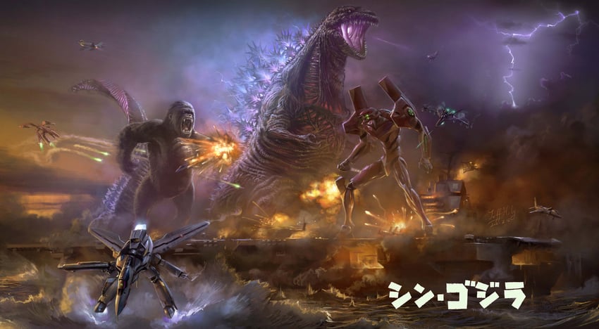 godzilla, eva 02, king kong, vf-0, sv-51, and 1 more (neon genesis evangelion and 6 more) drawn by jeffholy