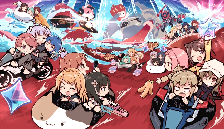 hikawa sayo, hikawa hina, tendou maya, aoba moca, minato yukina, and 24 more (bang dream! and 7 more) drawn by bullfalk