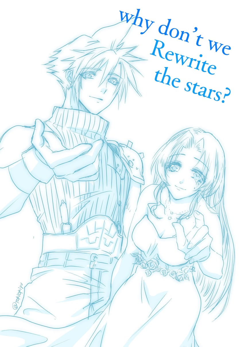 cloud strife and aerith gainsborough (final fantasy and 3 more) drawn by tokiokiyu