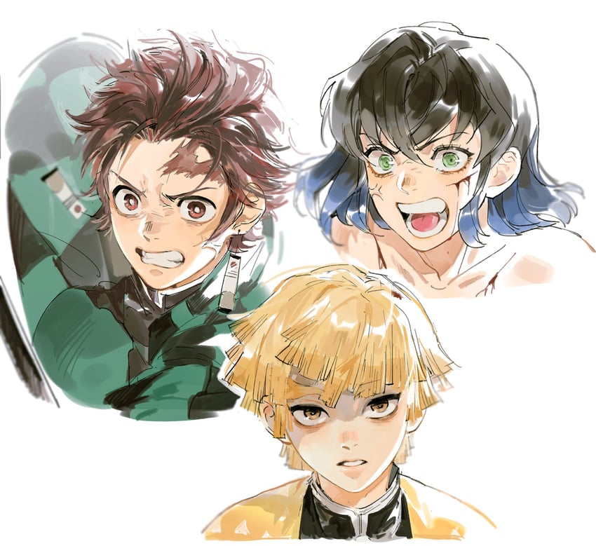 kamado tanjirou, agatsuma zenitsu, and hashibira inosuke (kimetsu no yaiba) drawn by n4nm4n_rkgk