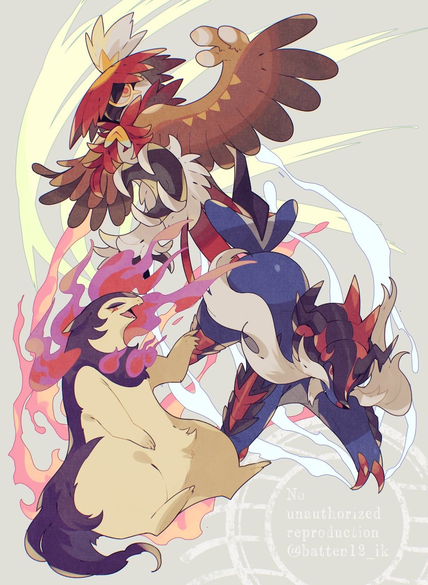 hisuian typhlosion, hisuian decidueye, and hisuian samurott (pokemon) drawn by mamebato