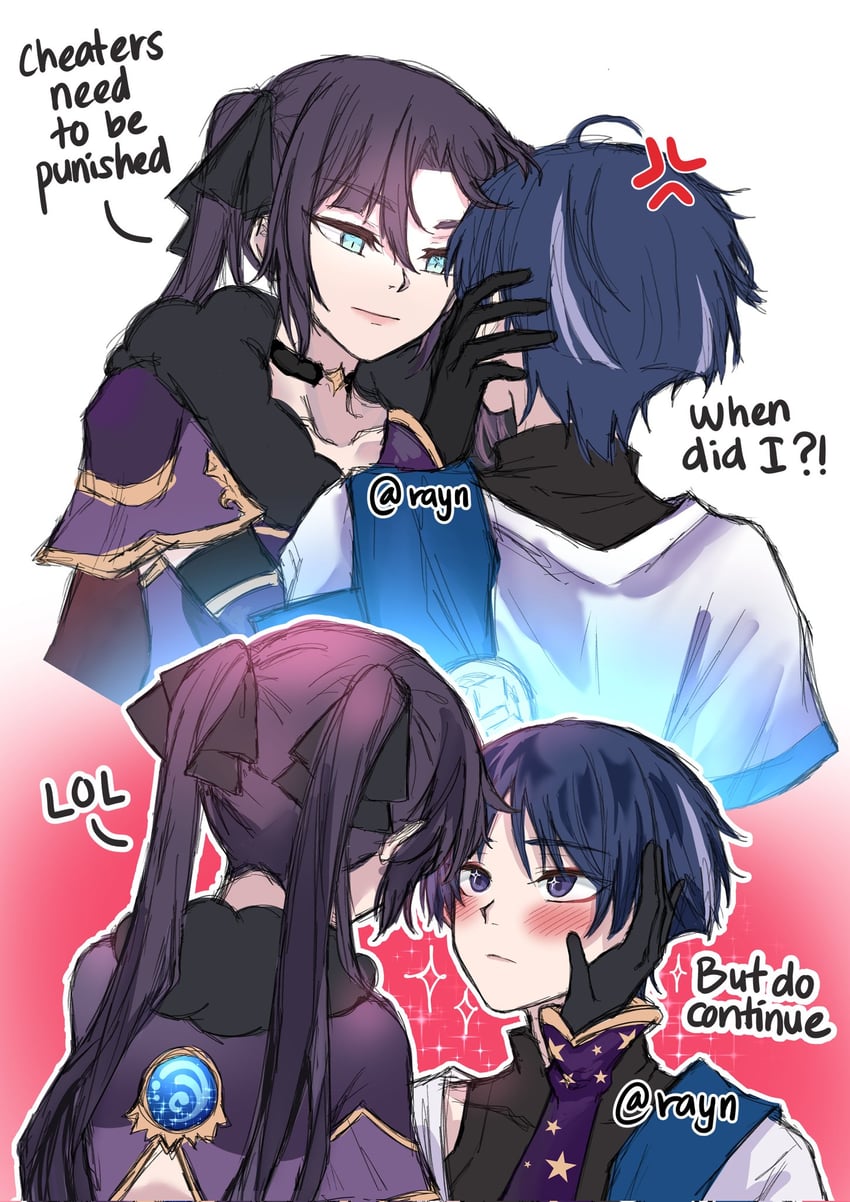scaramouche, wanderer, and mona (genshin impact) drawn by rayn_isalier
