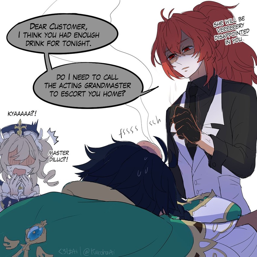 venti, barbara, and diluc (genshin impact) drawn by kuroha_ai