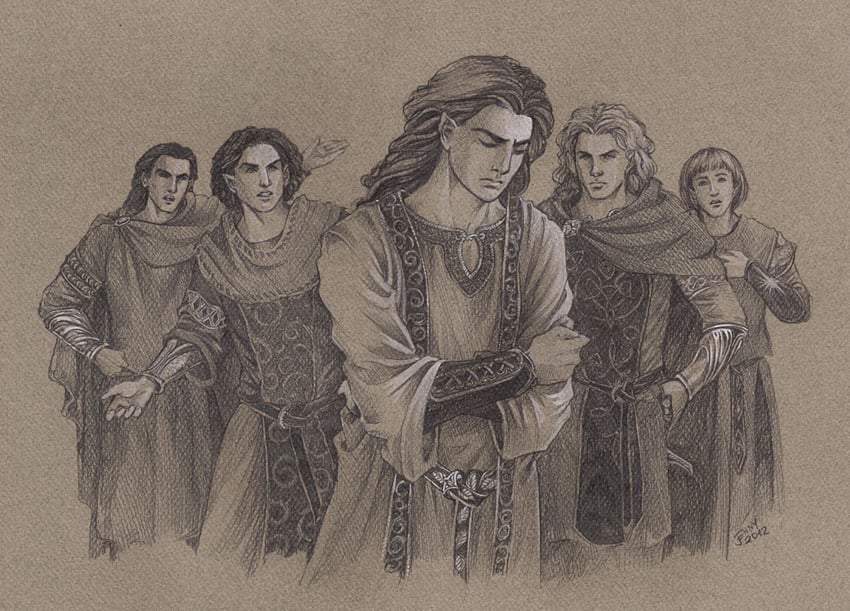 maglor, celegorm, curufin, caranthir, and amras (tolkien's legendarium and 1 more) drawn by jenny_dolfen