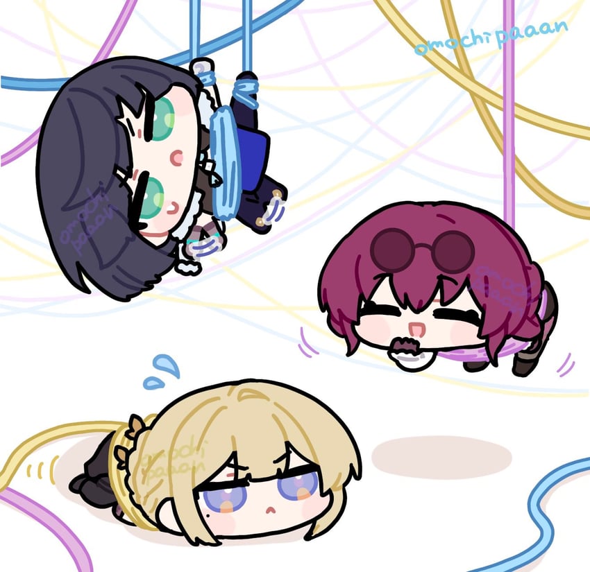 kafka, yelan, and evelyn chevalier (genshin impact and 4 more) drawn by omochi_binta