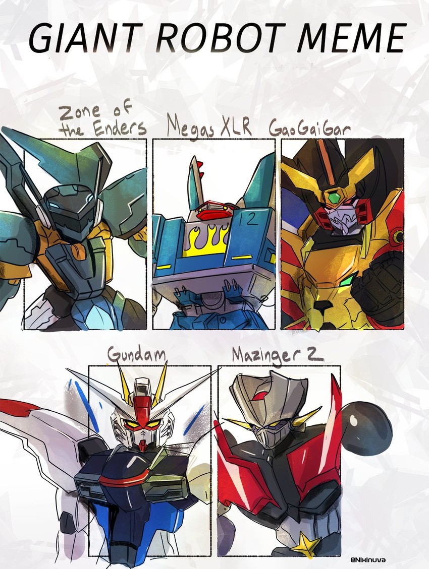 mazinger z, freedom gundam, gaogaigar, jehuty, and megas xlr (gundam and 7 more) drawn by xzeit