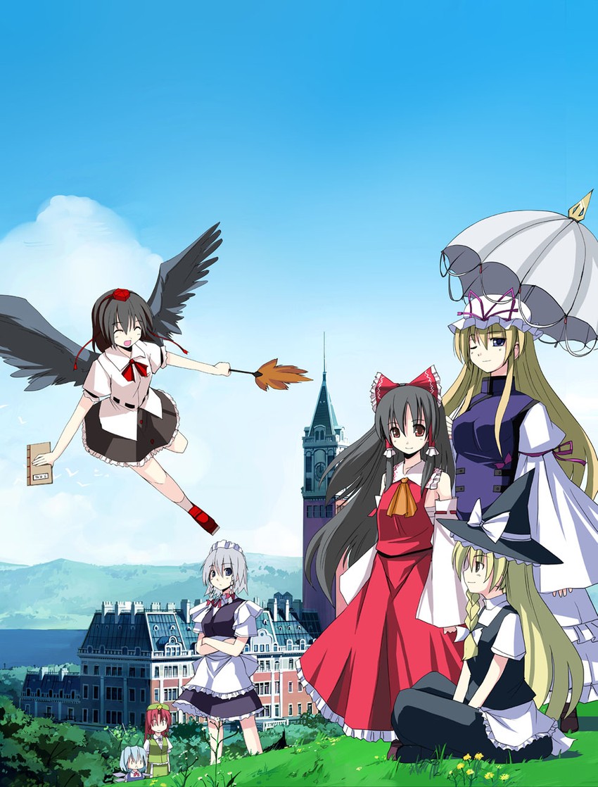 hakurei reimu, kirisame marisa, izayoi sakuya, cirno, yakumo yukari, and 2 more (touhou) drawn by seo_tatsuya