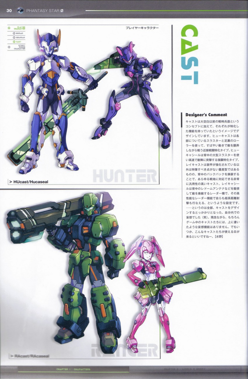 racaseal, racast, hucast, and hucaseal (phantasy star and 1 more) drawn by akikazu_mizuno