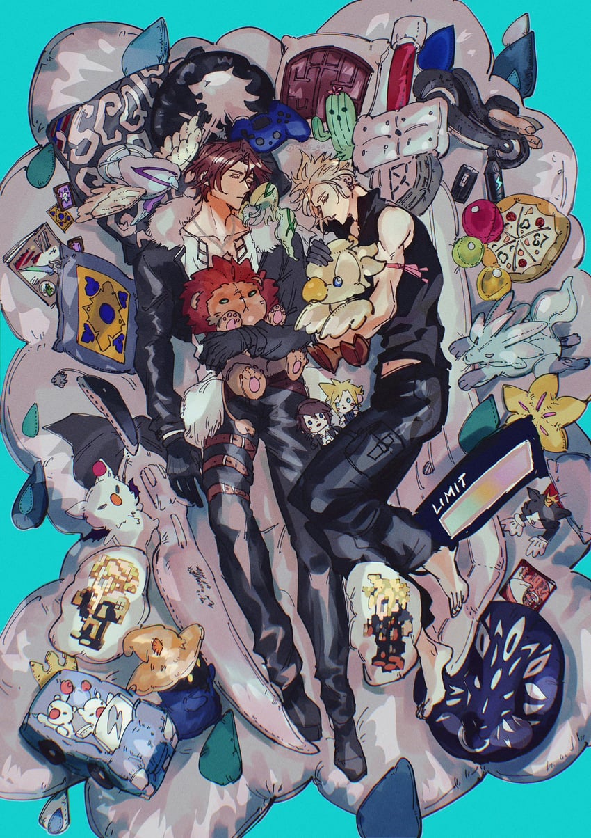 cloud strife, moogle, squall leonhart, vivi ornitier, cait sith, and 1 more (final fantasy and 3 more) drawn by shio_ga