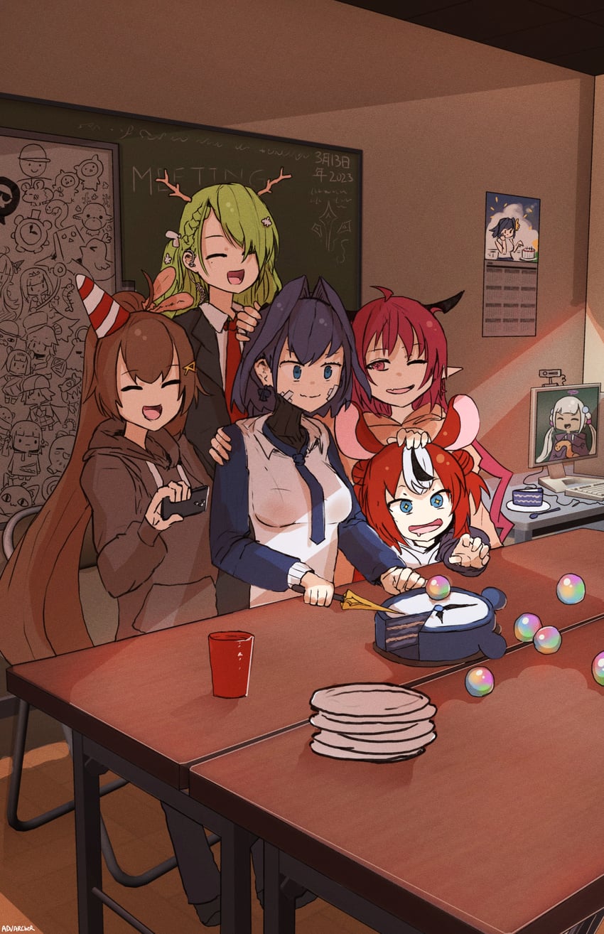 gawr gura, mori calliope, ninomae ina'nis, ouro kronii, nanashi mumei, and 21 more (hololive and 1 more) drawn by advarcher