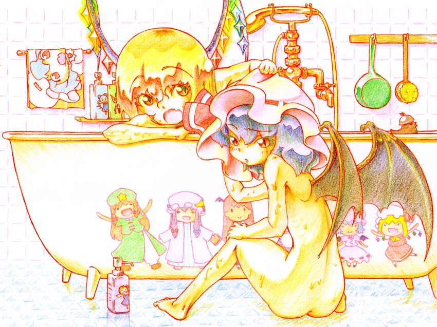 remilia scarlet, flandre scarlet, izayoi sakuya, cirno, patchouli knowledge, and 5 more (touhou) drawn by feconf
