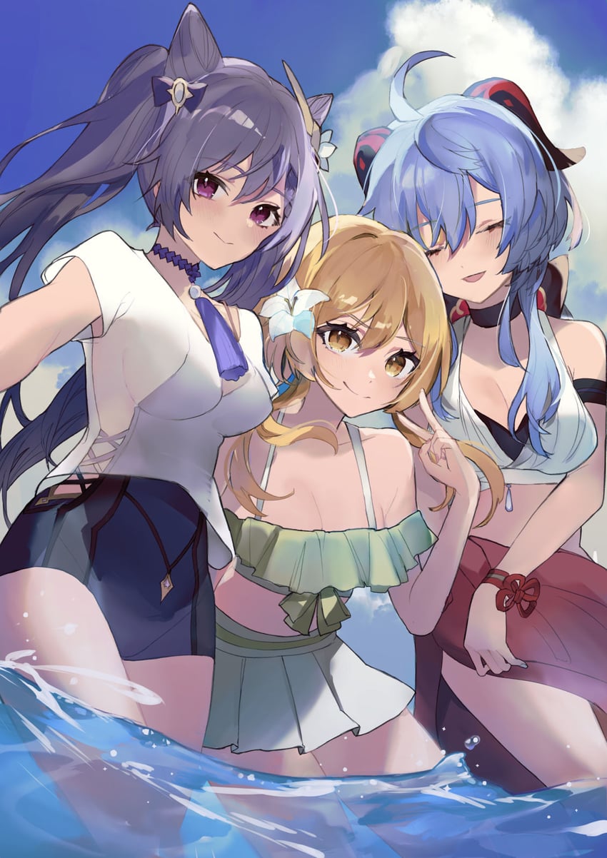 ganyu, lumine, and keqing (genshin impact) drawn by purin_uni
