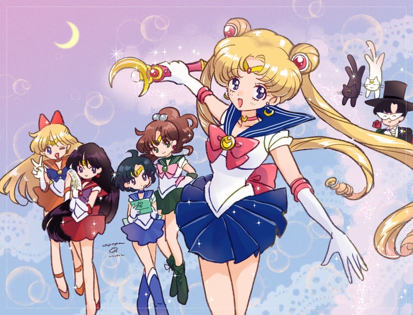 tsukino usagi, sailor moon, mizuno ami, aino minako, hino rei, and 9 more (bishoujo senshi sailor moon) drawn by hiyodoribbon