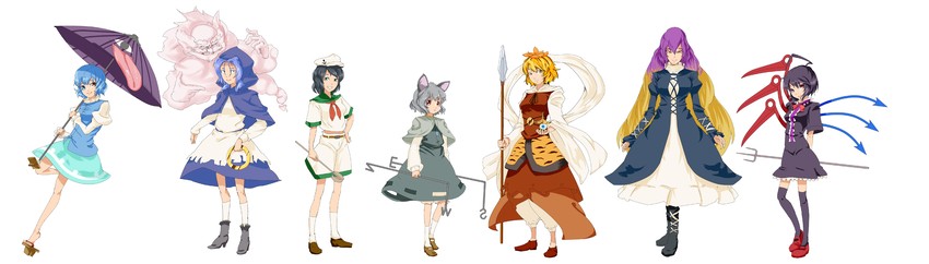 tatara kogasa, nazrin, hijiri byakuren, houjuu nue, toramaru shou, and 3 more (touhou and 1 more) drawn by dango_ya
