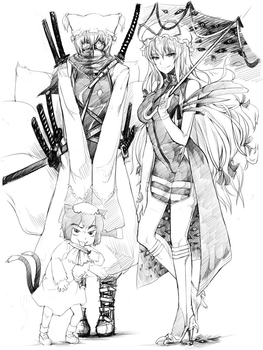 yakumo yukari, yakumo ran, and chen (touhou) drawn by abubu