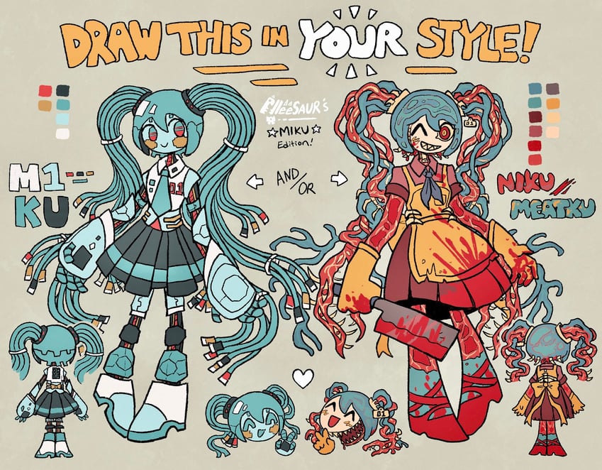 hatsune miku, meatku, and m1-ku (vocaloid) drawn by alleesaur