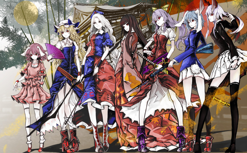 reisen udongein inaba, houraisan kaguya, inaba tewi, yagokoro eirin, watatsuki no yorihime, and 2 more (touhou) drawn by yutapon