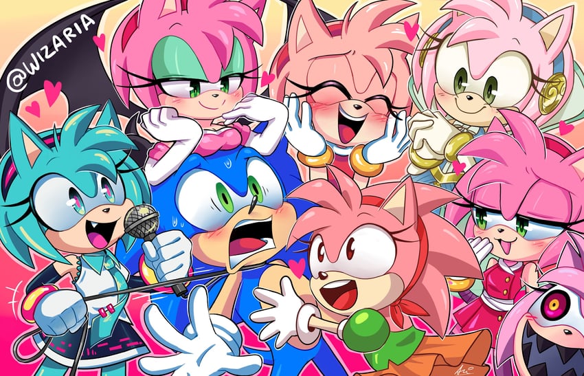 hatsune miku, sonic the hedgehog, amy rose, rouge the bat, classic amy, and 2 more (vocaloid and 6 more) drawn by wizaria