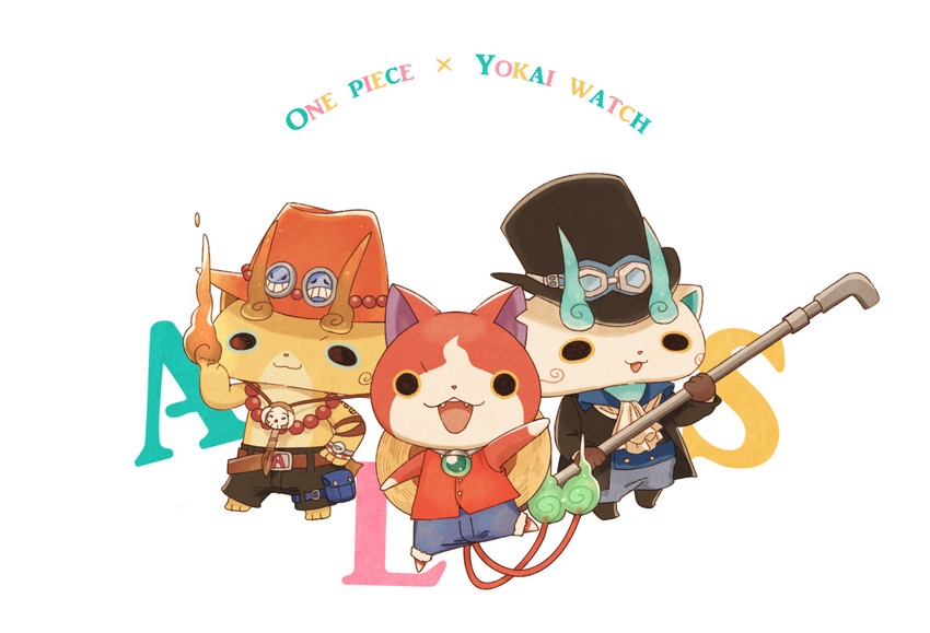 monkey d. luffy, portgas d. ace, sabo, jibanyan, komasan, and 1 more (one piece and 1 more) drawn by kanacho