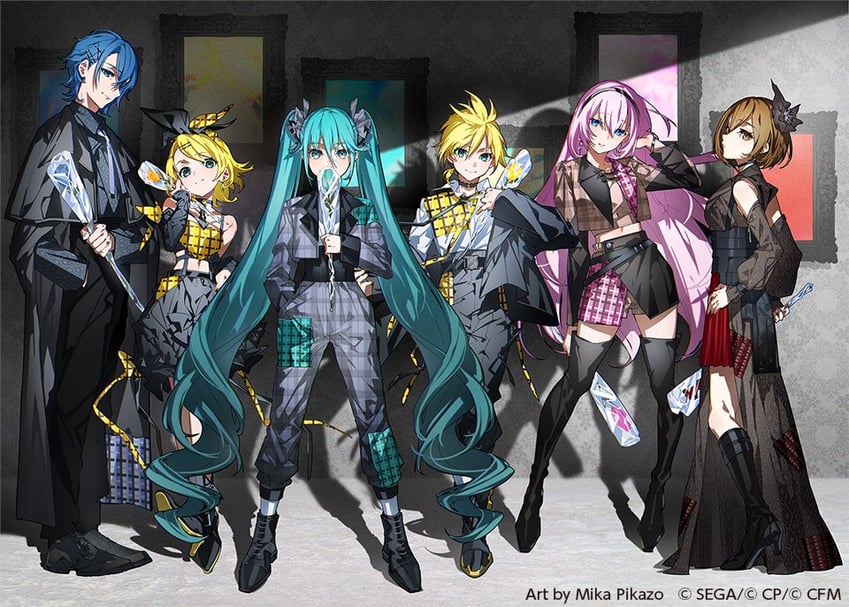 hatsune miku, kagamine rin, kagamine len, megurine luka, kaito, and 1 more (vocaloid and 2 more) drawn by mika_pikazo