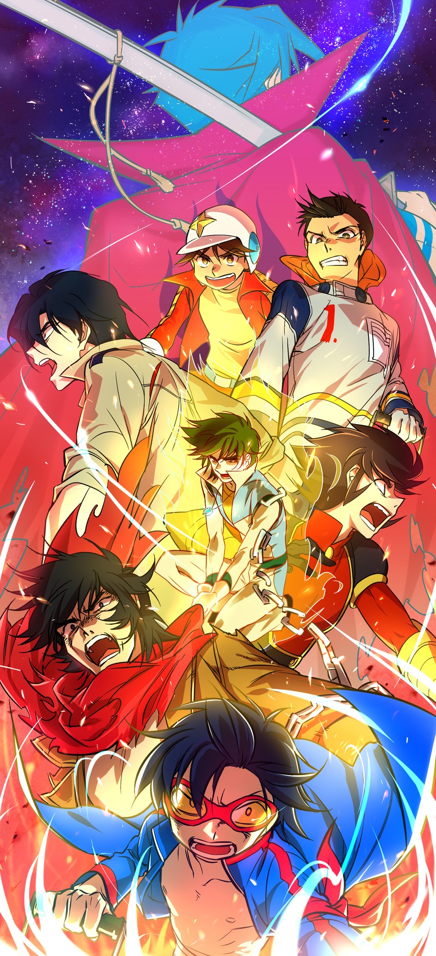 simon, kamina, nagare ryoma, kabuto kouji, dancouga, and 4 more (tengen toppa gurren lagann and 11 more) drawn by mansu