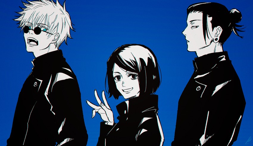 gojou satoru, getou suguru, and ieiri shoko (jujutsu kaisen) drawn by shibuki_kamone