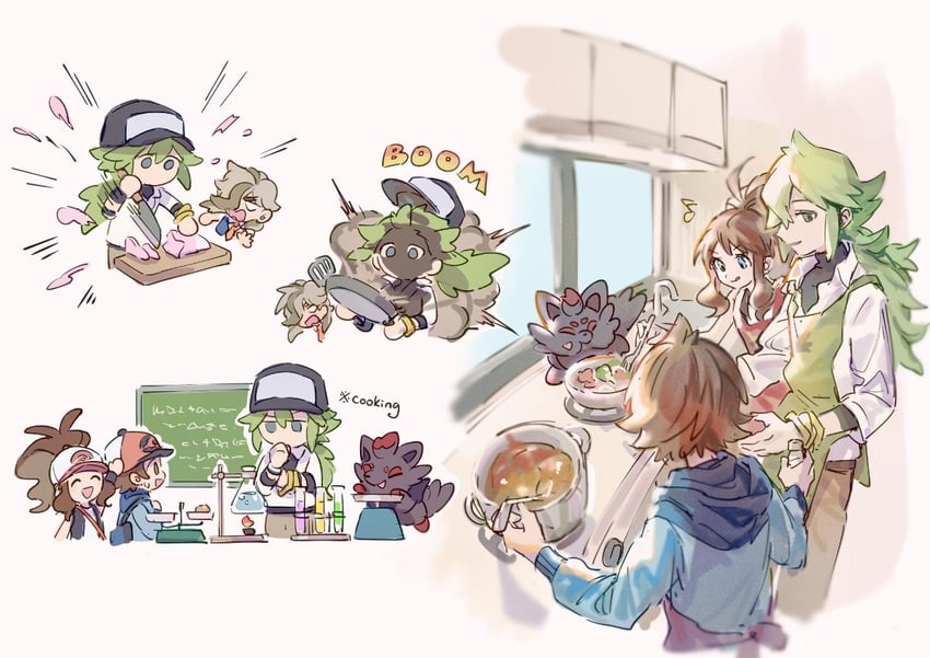 hilda, hilbert, n, arven, and zorua (pokemon and 3 more) drawn by huan_li