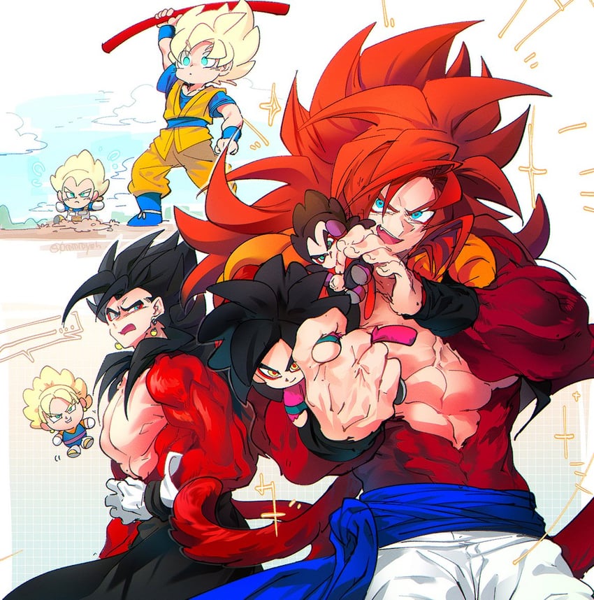 son goku, vegeta, gogeta, and vegetto (dragon ball and 2 more) drawn by ommmyoh