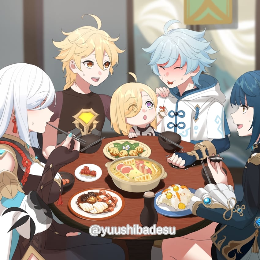 aether, shenhe, xingqiu, and chongyun (genshin impact) drawn by yuushiba