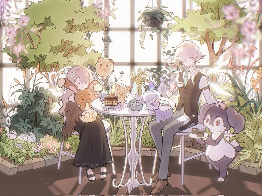 litwick, alcremie, buneary, swirlix, sinistea, and 3 more (pokemon and 1 more) drawn by fiori_(fiofiori_)