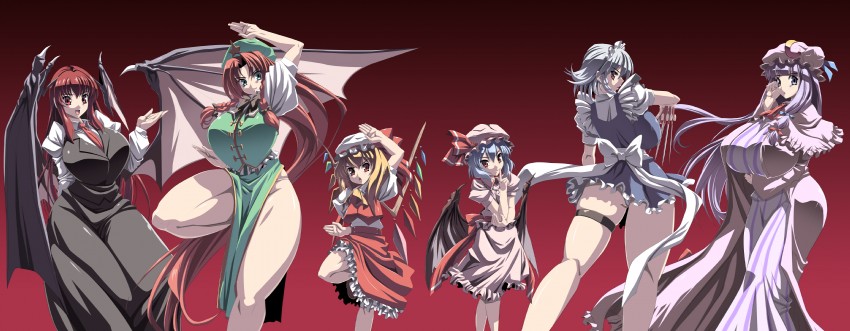remilia scarlet, flandre scarlet, izayoi sakuya, patchouli knowledge, hong meiling, and 1 more (touhou) drawn by kloah