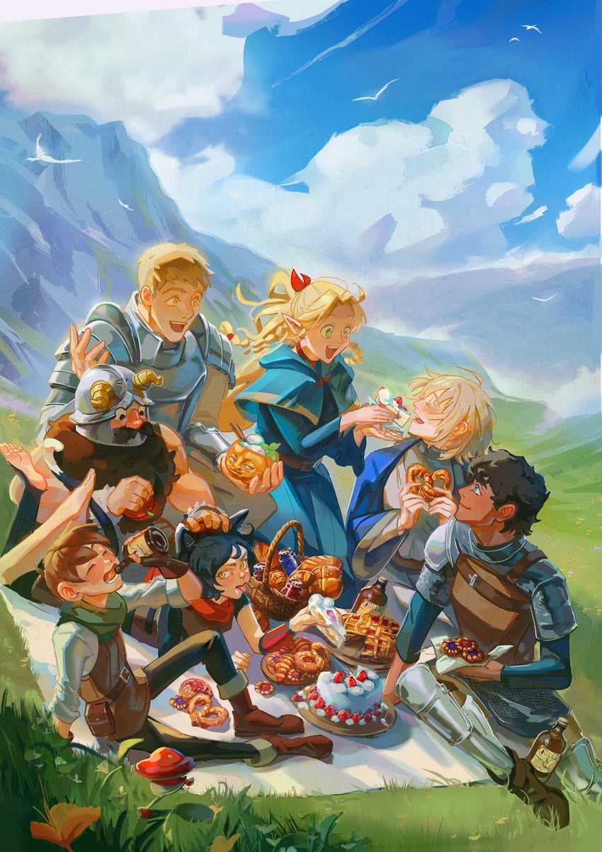 marcille donato, falin touden, laios touden, senshi, kabru, and 3 more (dungeon meshi) drawn by eggyolkceo