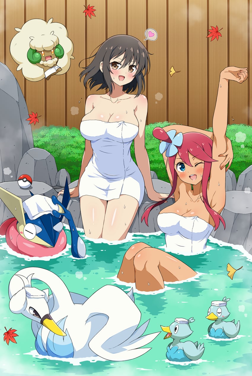 skyla, greninja, asuka, whimsicott, swanna, and 1 more (pokemon and 3 more) drawn by eggman_(ni_tamagoex)