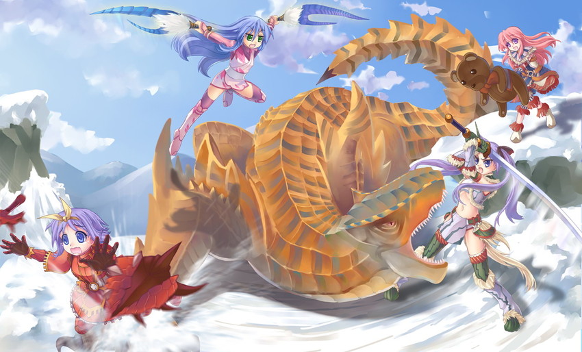 hiiragi kagami, izumi konata, hiiragi tsukasa, takara miyuki, and tigrex (lucky star and 1 more) drawn by jak